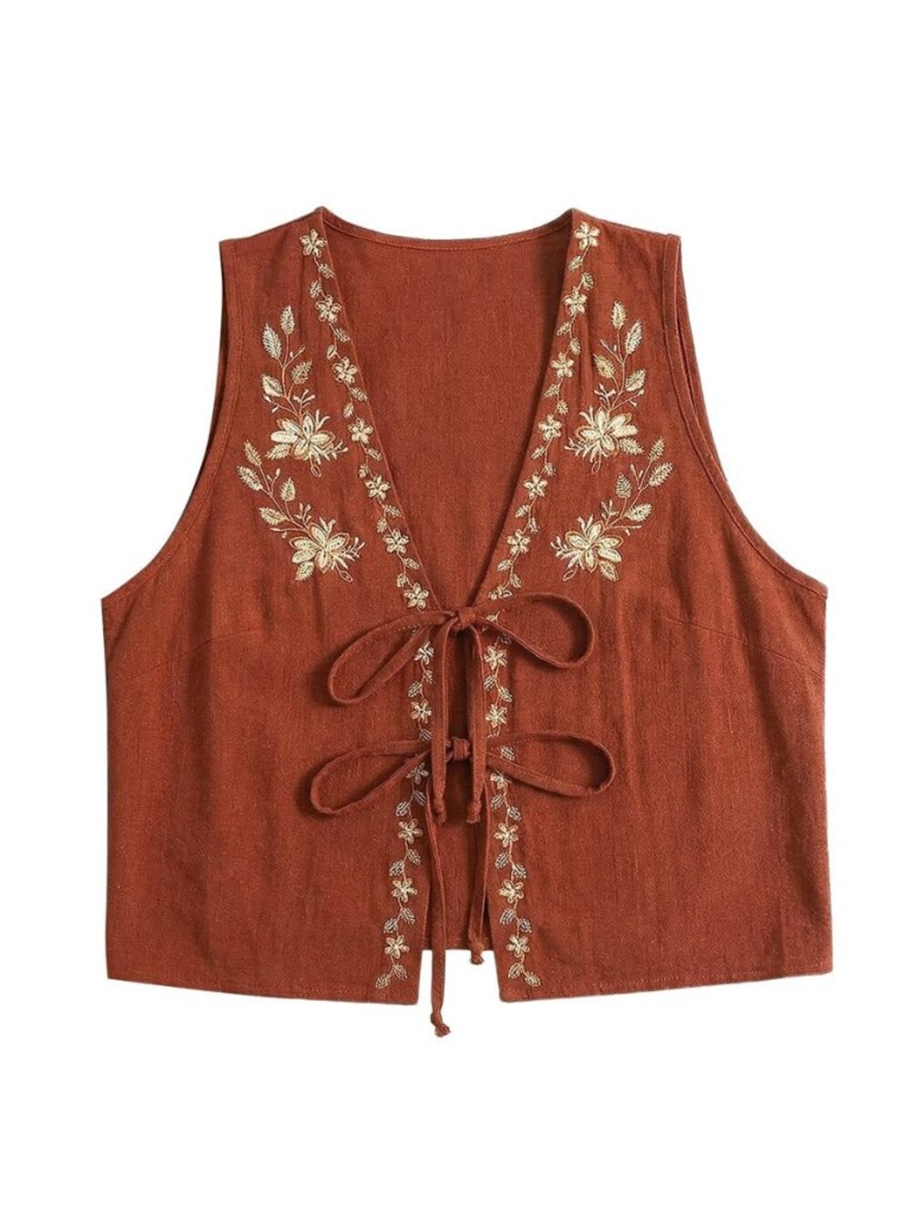 Women's Boho Floral Embroidery Tank Top Tie Front Sleeveless Tops